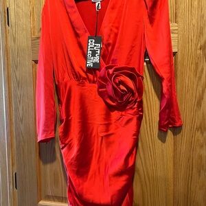 Future Collective Red Satin V-Neck Long-Sleeve Dress with Rose Accent